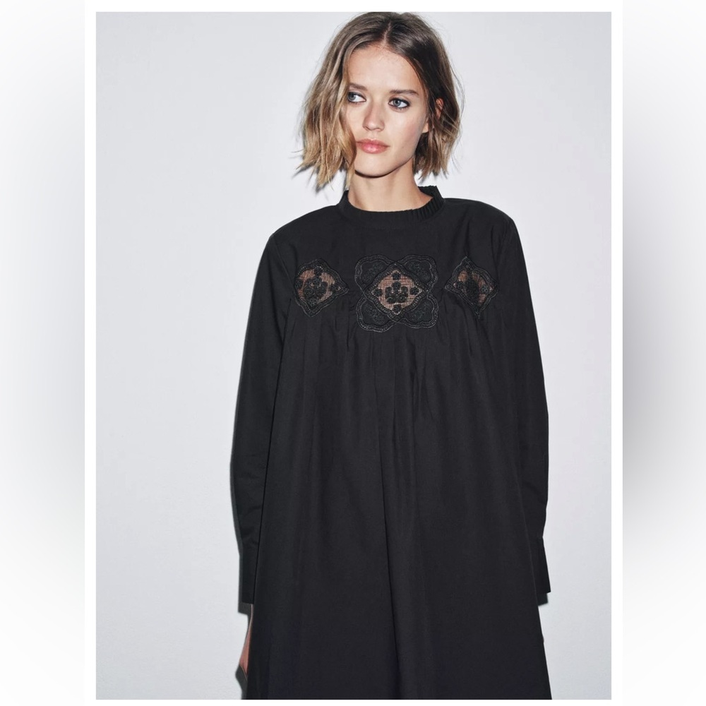 NWT Zara Black Long Sleeve Dress With Embroidery Detail And Pleated Cuff Sleeves